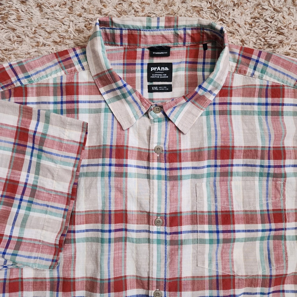 prAna Standard Fit Plaid Men Sz XXL Short Sleeve Button Up Shirt